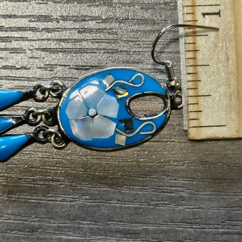 Vintage Alpaca Silver & Blue Enamel Dangle Earrings with Mother of Pearl Flowers